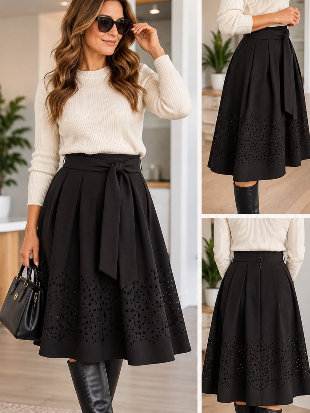 20” w Cleo Eyelet A-Line Skirt with Tie Waist Black Size 16 Like New